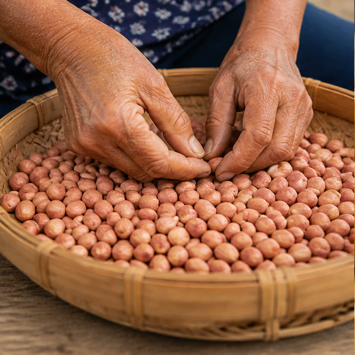 Hands carefully selecting peanuts