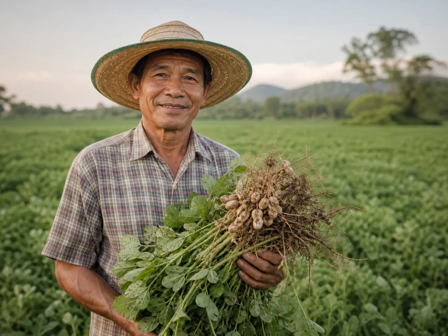 Thai peanut farmer holding a fresh peanut plant