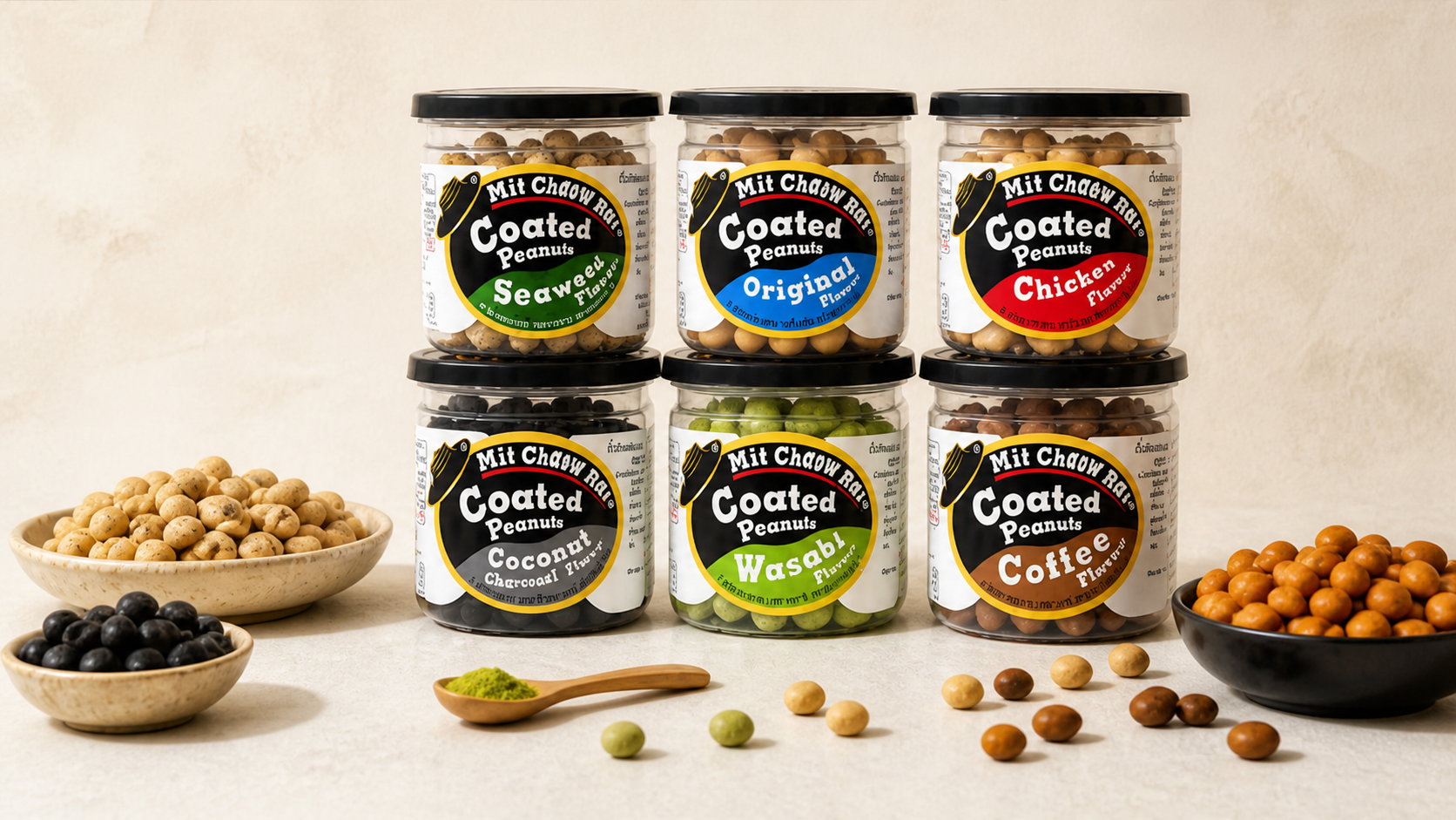 Six Mit Chaow Rai coated peanut flavors arranged with bowls of coated peanuts